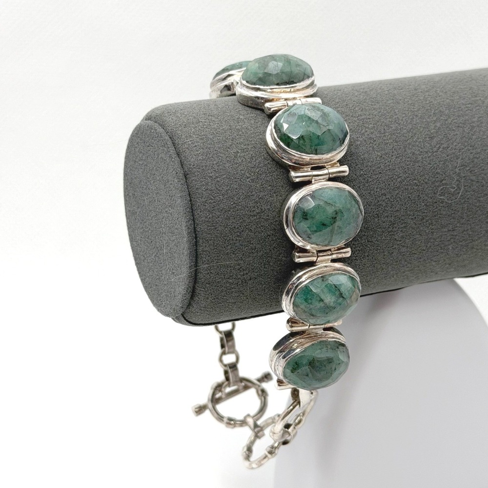 ADI Green Emerald 925 Sterling Silver Toggle Link Bracelet 9.25in